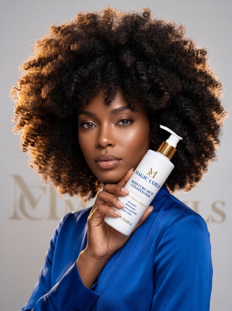 Beautiful Black woman with natural hair holding Magic Coils Moisture Rich Conditioner